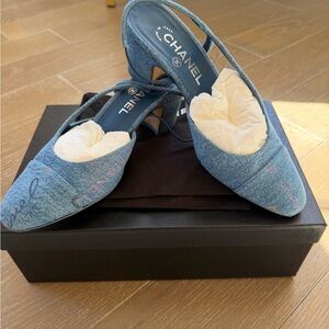 CHANEL Blue Denim Mules